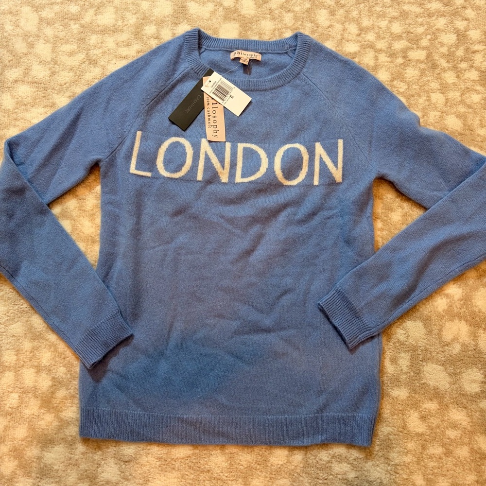 Philosophy Blue Cashmere Sweater with White 'London' Text